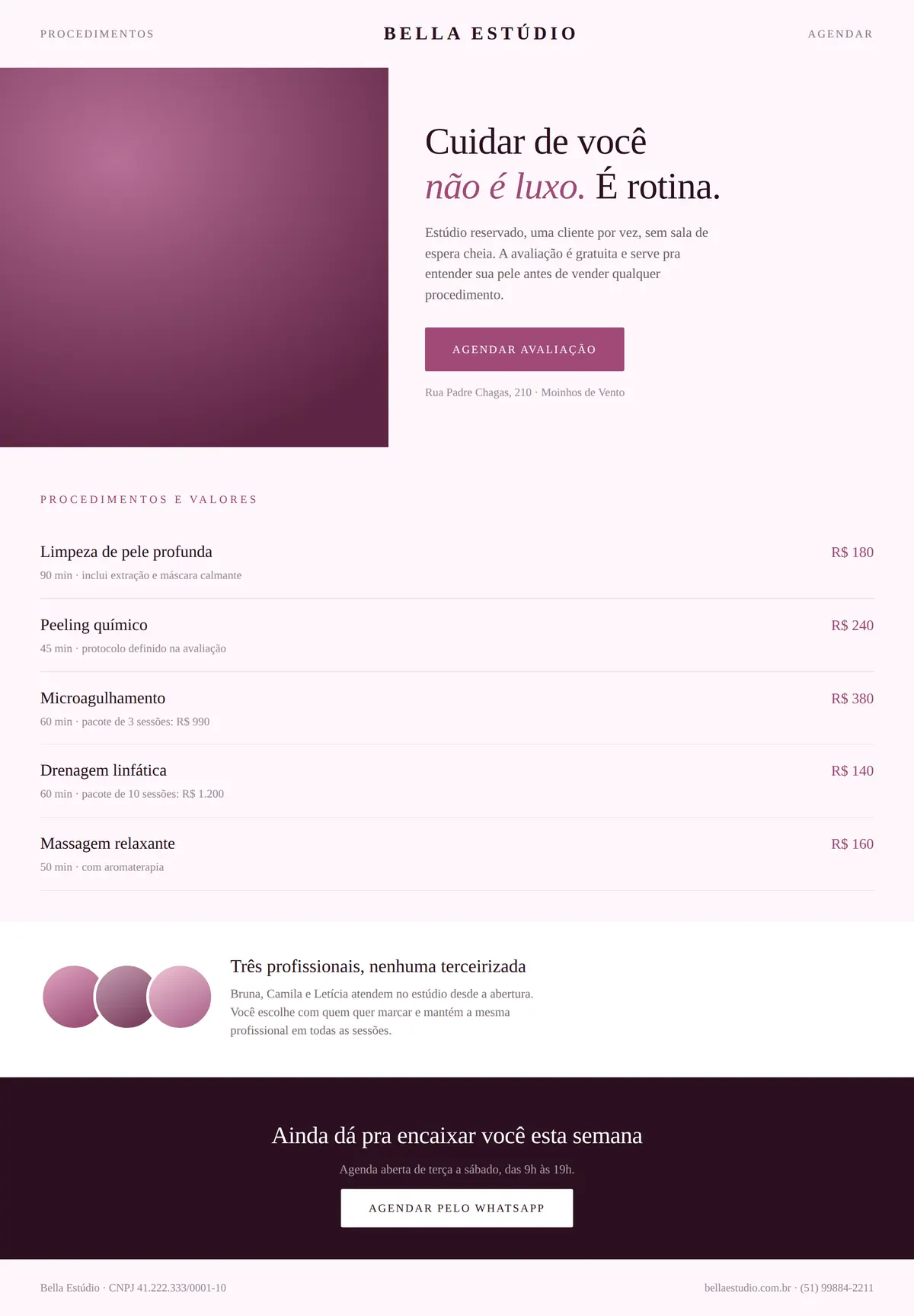 Layout de site para estúdio de estética