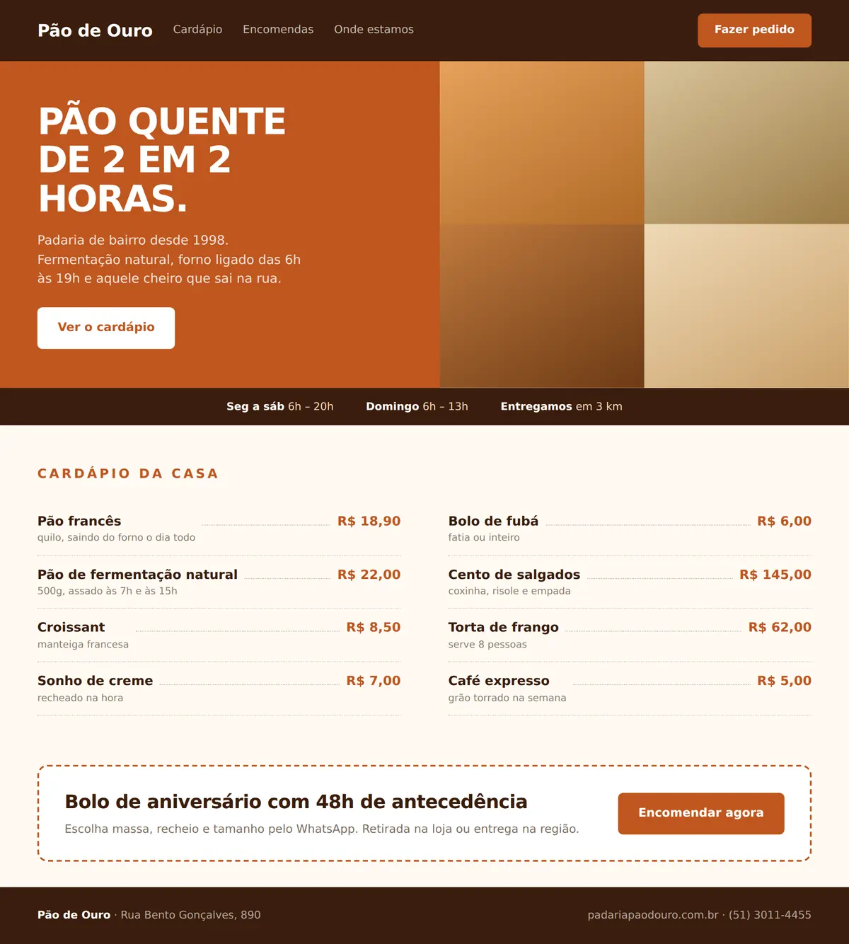 Layout de site para padaria